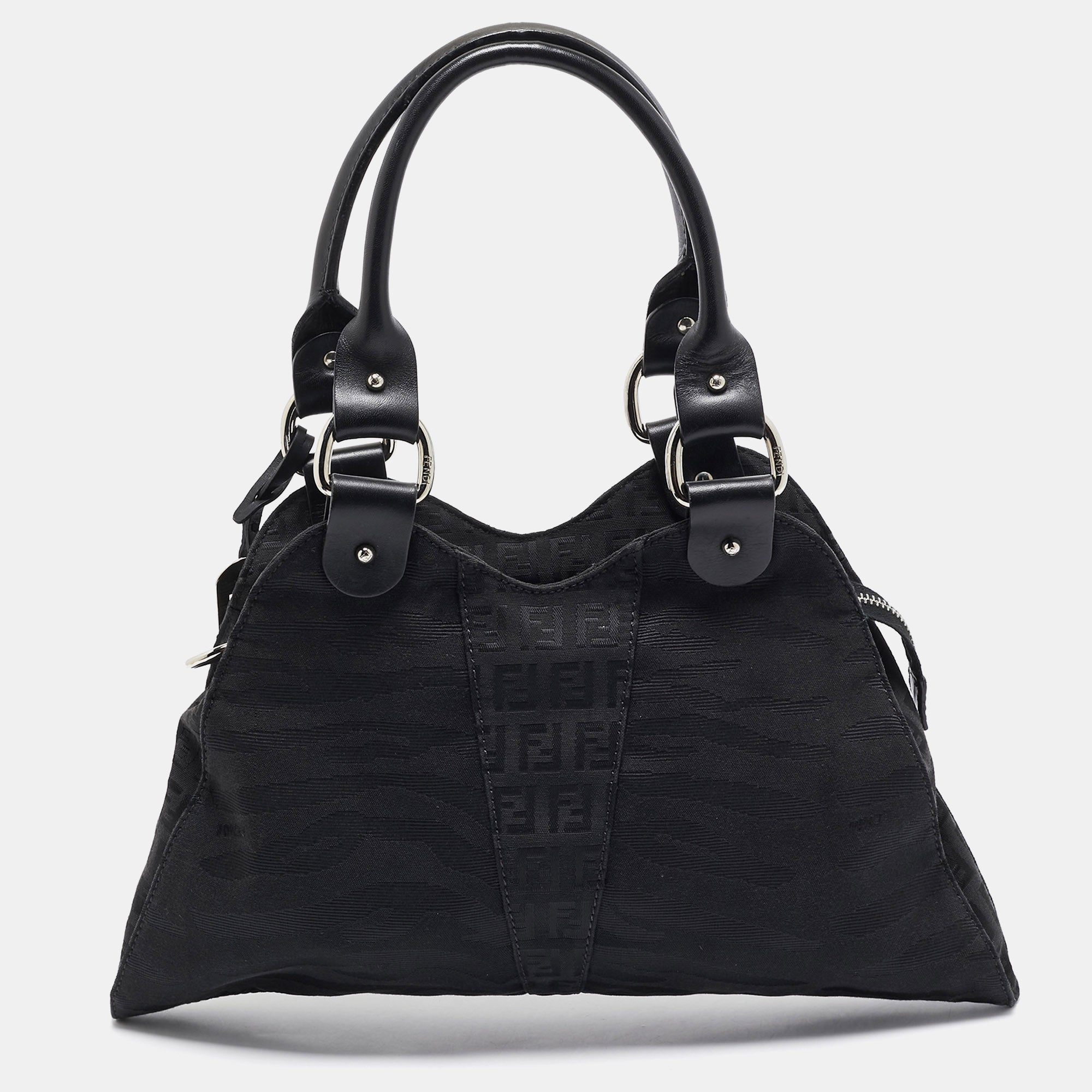 Fendi Black Zuchinno Fabric And Leather Devil Trapezio Tote