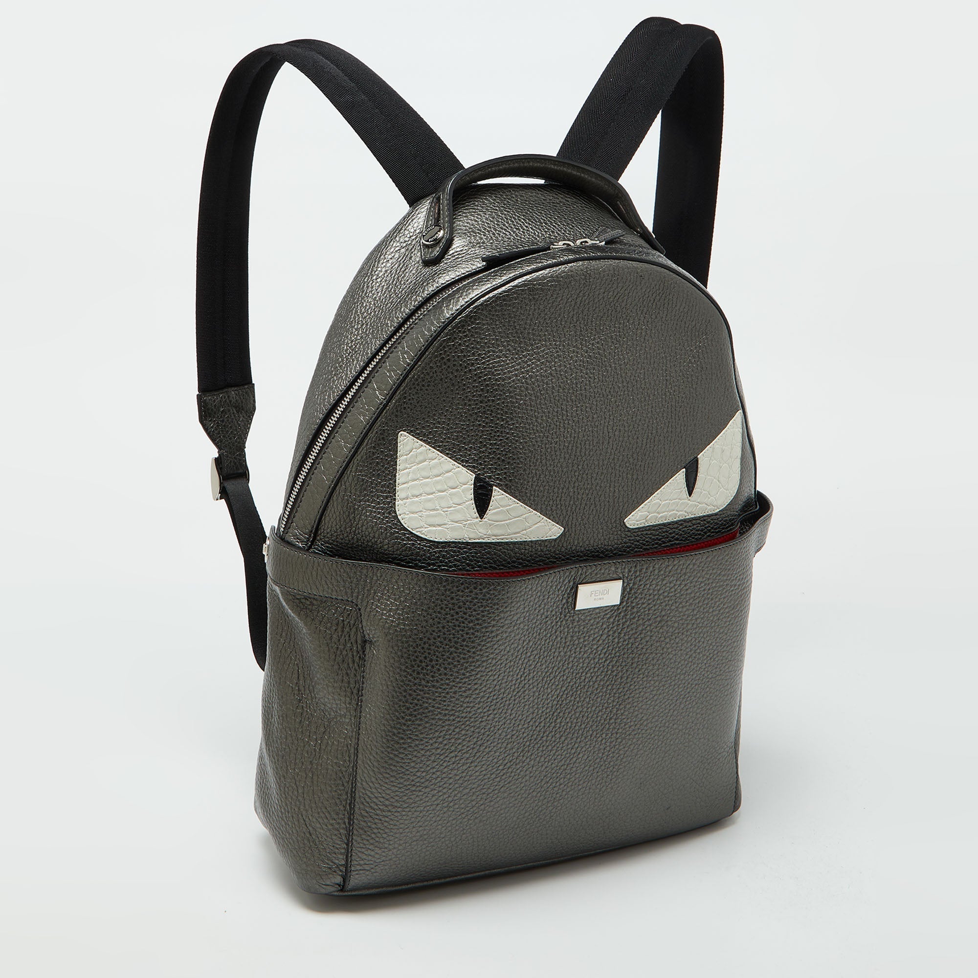 Fendi Metallic Grey Leather Monster Eyes Rounded Backpack