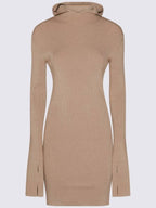 Fendi Long Sleeve Hooded Wool Silk Short Dress Beige