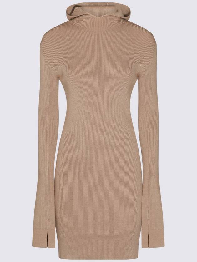 Fendi Long Sleeve Hooded Wool Silk Short Dress Beige