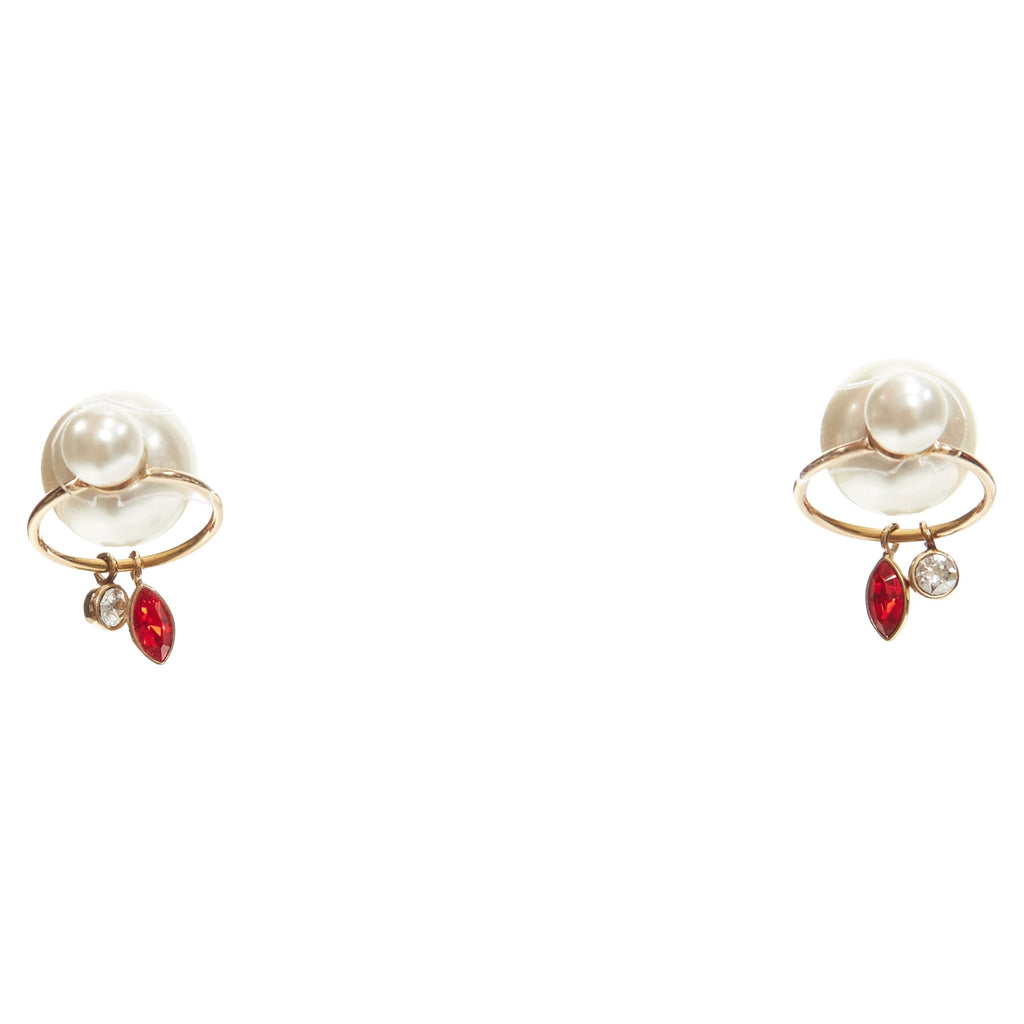 Dior Tribale Double Pearl Crystal Droplets Hoop Stud Earrings Pair