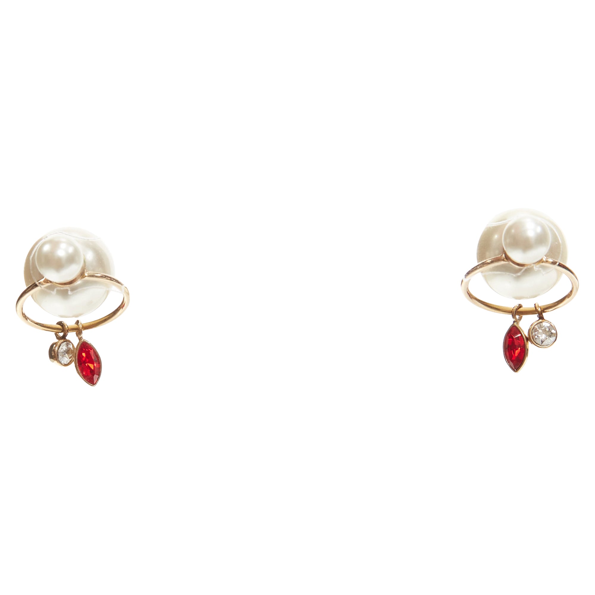 Dior Tribale Double Pearl Crystal Droplets Hoop Stud Earrings Pair