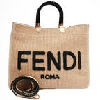 FI Fendi Sunshine Medium 8BH386 Hand Shoulder Bag 2WAY Straw Material Beige G    Excellent Woodwear