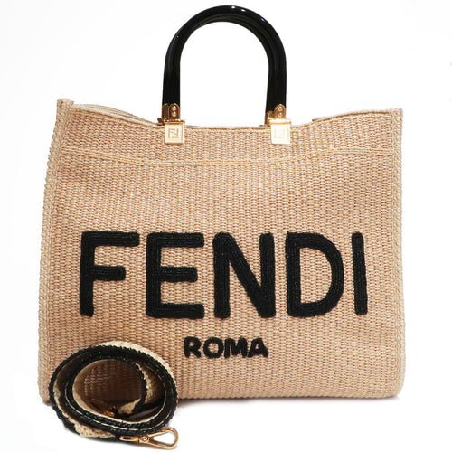 FI Fendi Sunshine Medium 8BH386 Hand Shoulder Bag 2WAY Straw Material Beige G    Excellent Woodwear