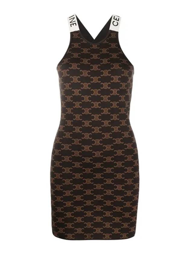 CELINE Monogram Silk Cotton Short Dress Brown