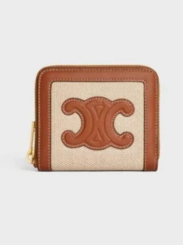 CELINE Compact Zipper Cuir Triomphe Textile Calfskin Coin Wallet Natural Tan