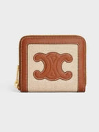 CELINE Compact Zipper Cuir Triomphe Textile Calfskin Coin Wallet Natural Tan