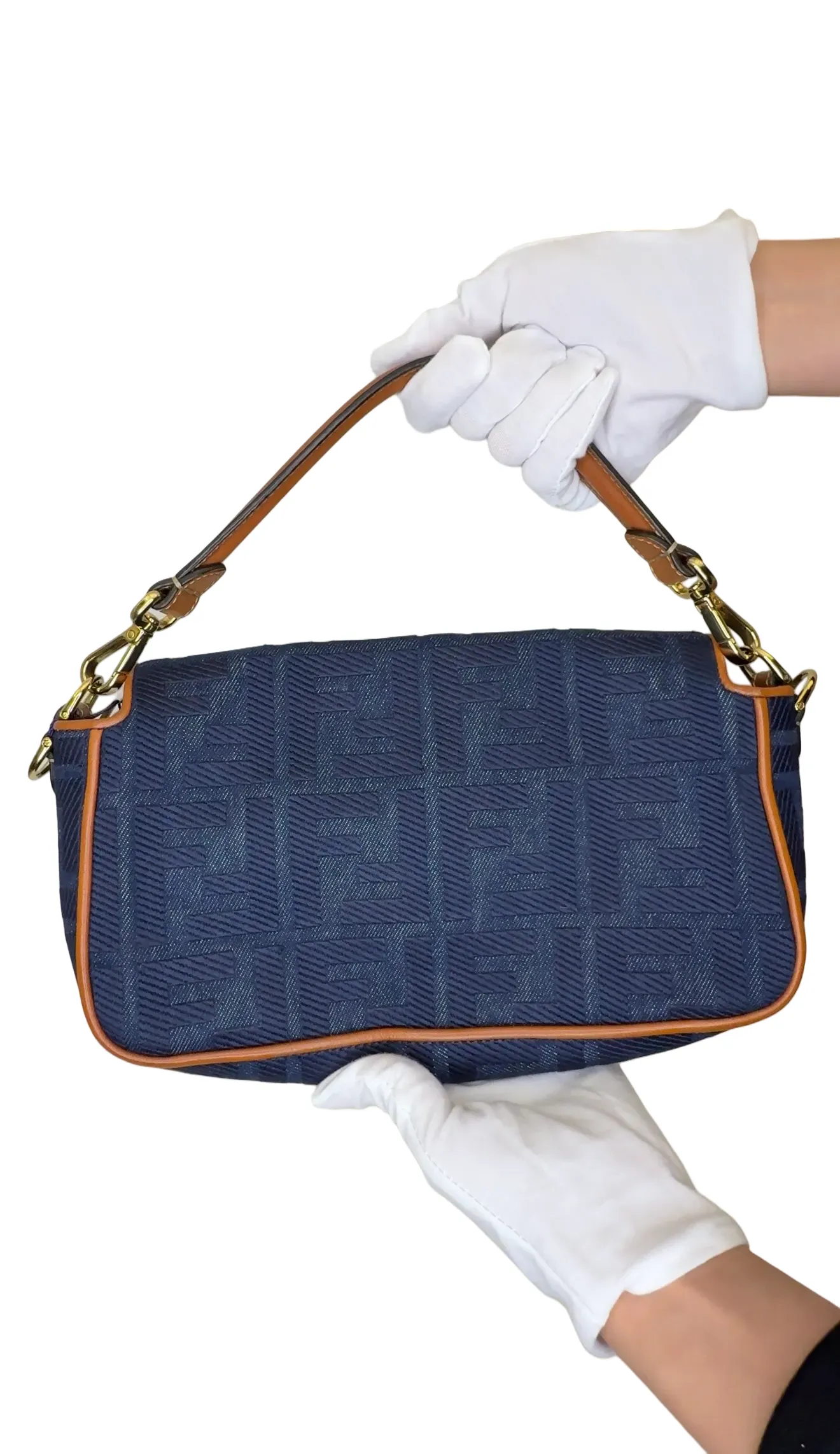 Fendi  2010-2023 Zucca Embroidered Denim Baguette Satchel Blue A-91 A-91