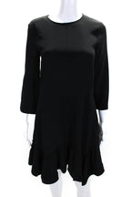 Chloe Womens Back Zip 3/4 Sleeve Crew Neck Ruffled Dress Black Silk
