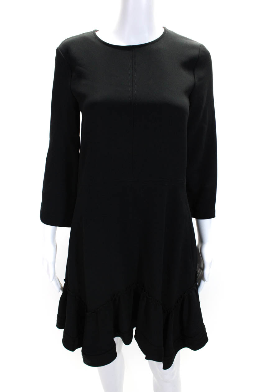 Chloe Womens Back Zip 3/4 Sleeve Crew Neck Ruffled Dress Black Silk