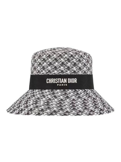 D-Bobby Houndstooth Large Straw Bucket Hat White Black Dior