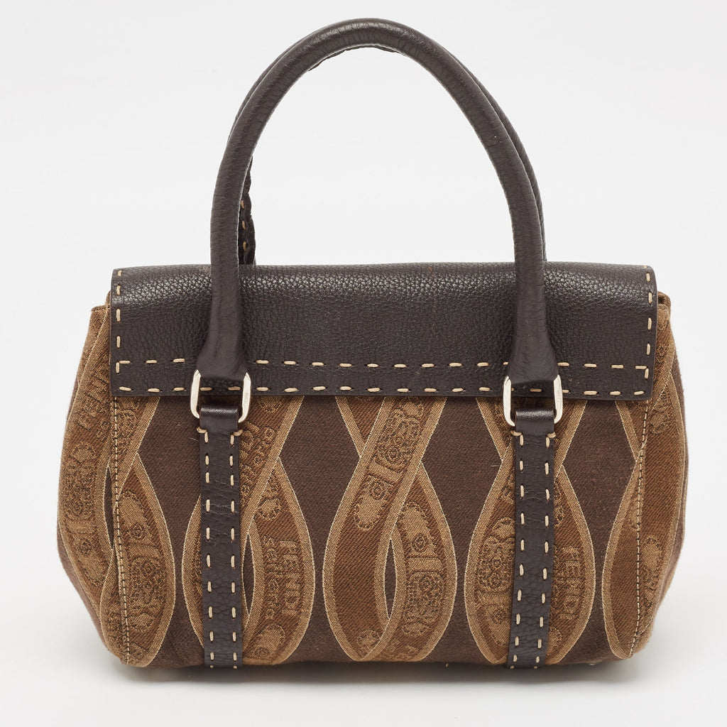 Fendi Brown/beige Logo Fabric And Selleria Leather Linda Satchel