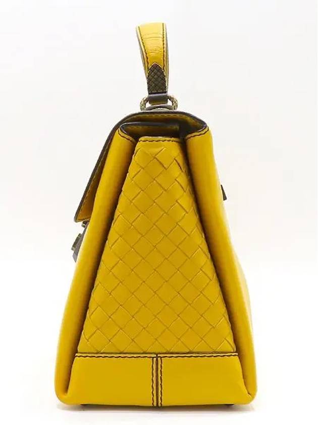 Bottega Veneta 498993 Yellow Calf Leather Intrecciato Piazza M Top Handle Tote Bag Shoulder Strap 2WAY