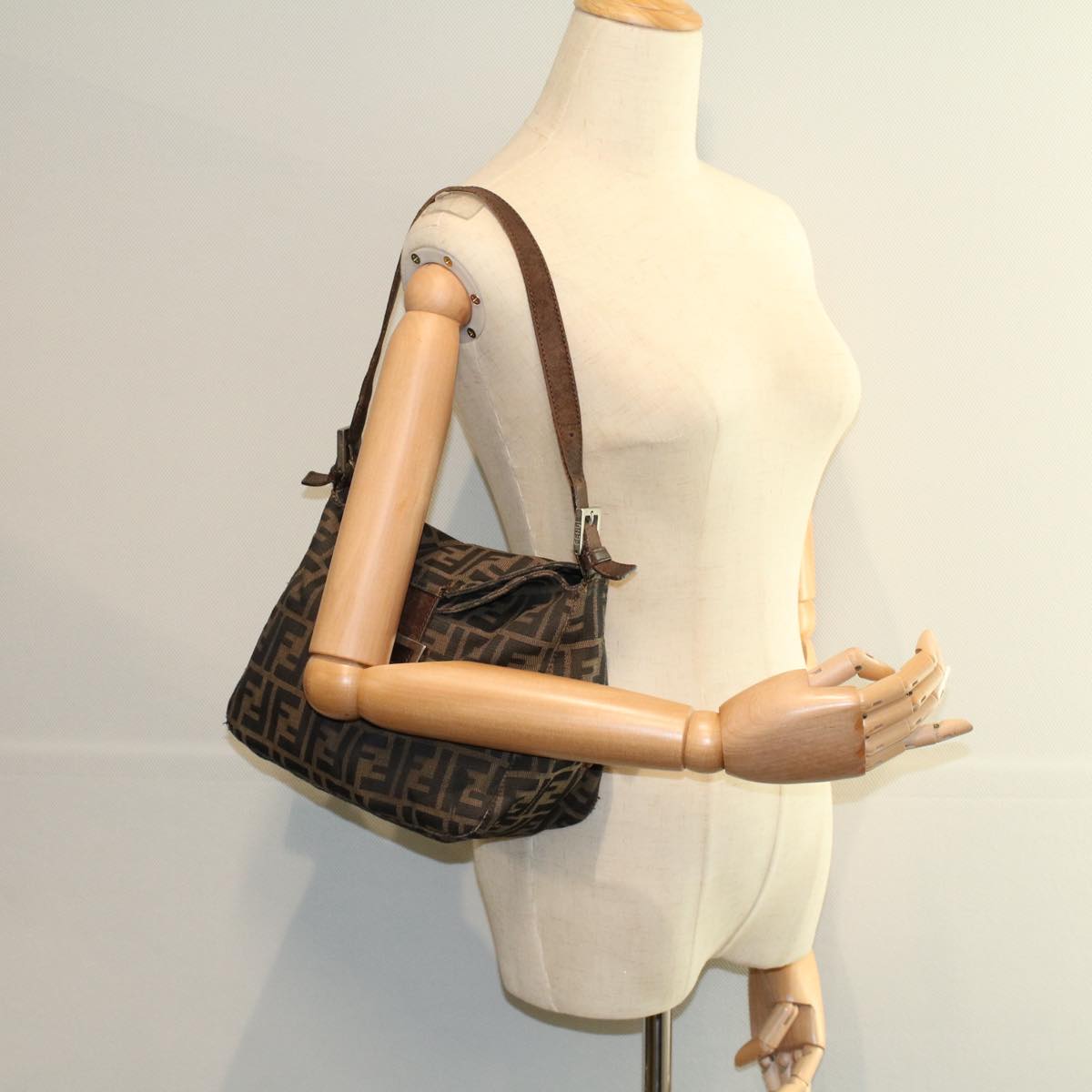 FENDI Zucca Canvas Mamma Baguette Shoulder Bag Black Brownep2428