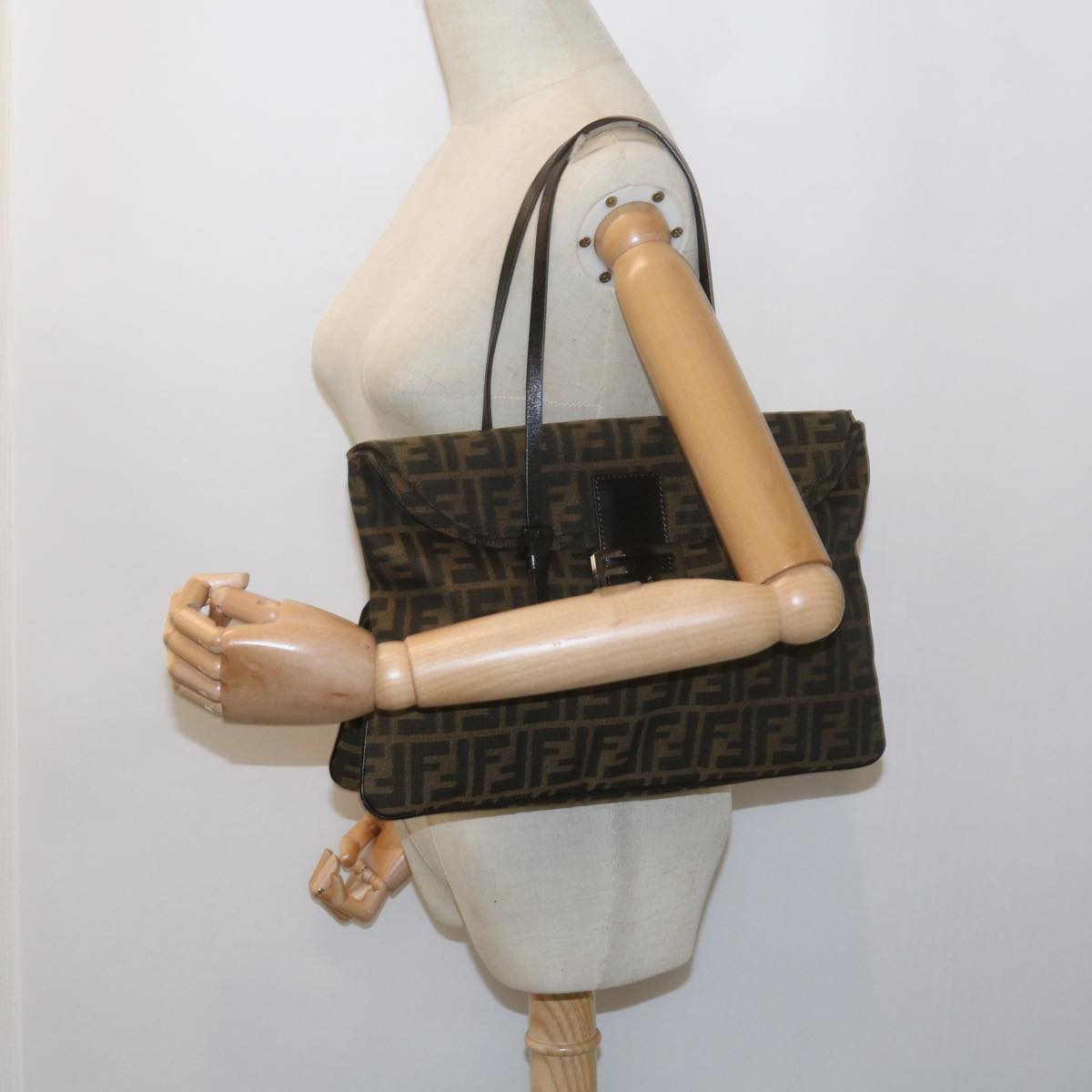 FENDI Zucca Canvas Mamma Baguette Shoulder Bag Black Brownep2540