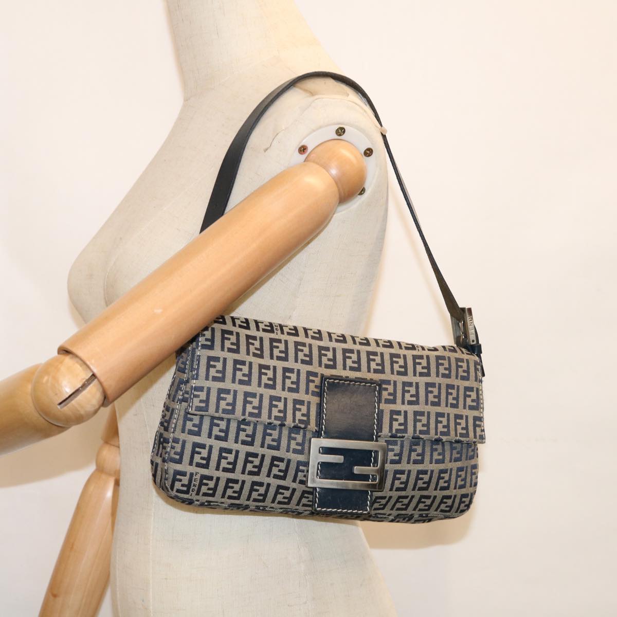 FENDI Zucchino Canvas Mamma Baguette Shoulder Bag Navyep2602