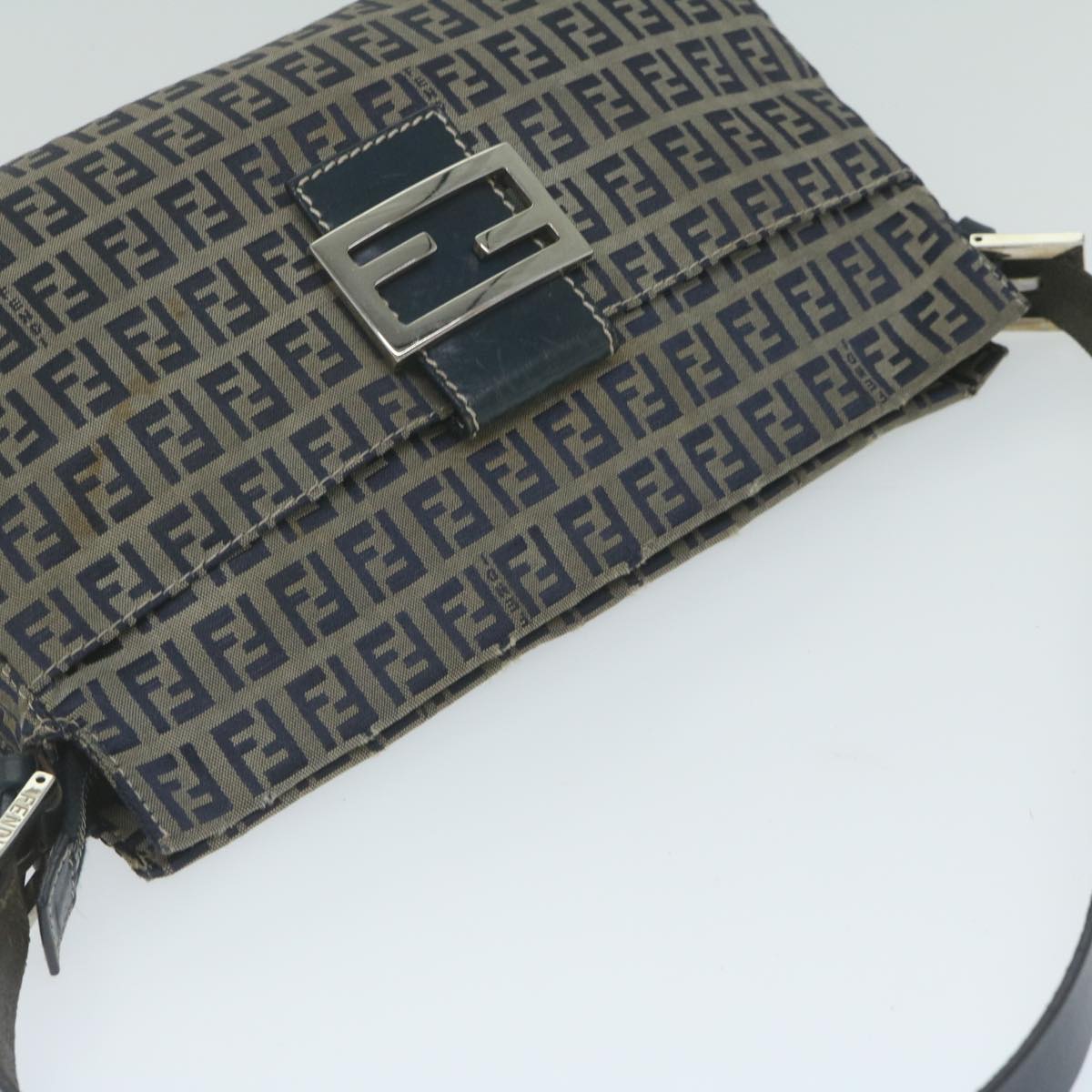 FENDI Zucchino Canvas Mamma Baguette Shoulder Bag Navyep2842