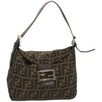 FENDI Zucchino Canvas Mamma Baguette Shoulder Bag Black Brownep3562
