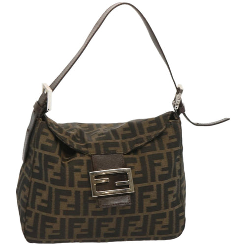 FENDI Zucchino Canvas Mamma Baguette Shoulder Bag Black Brownep3562