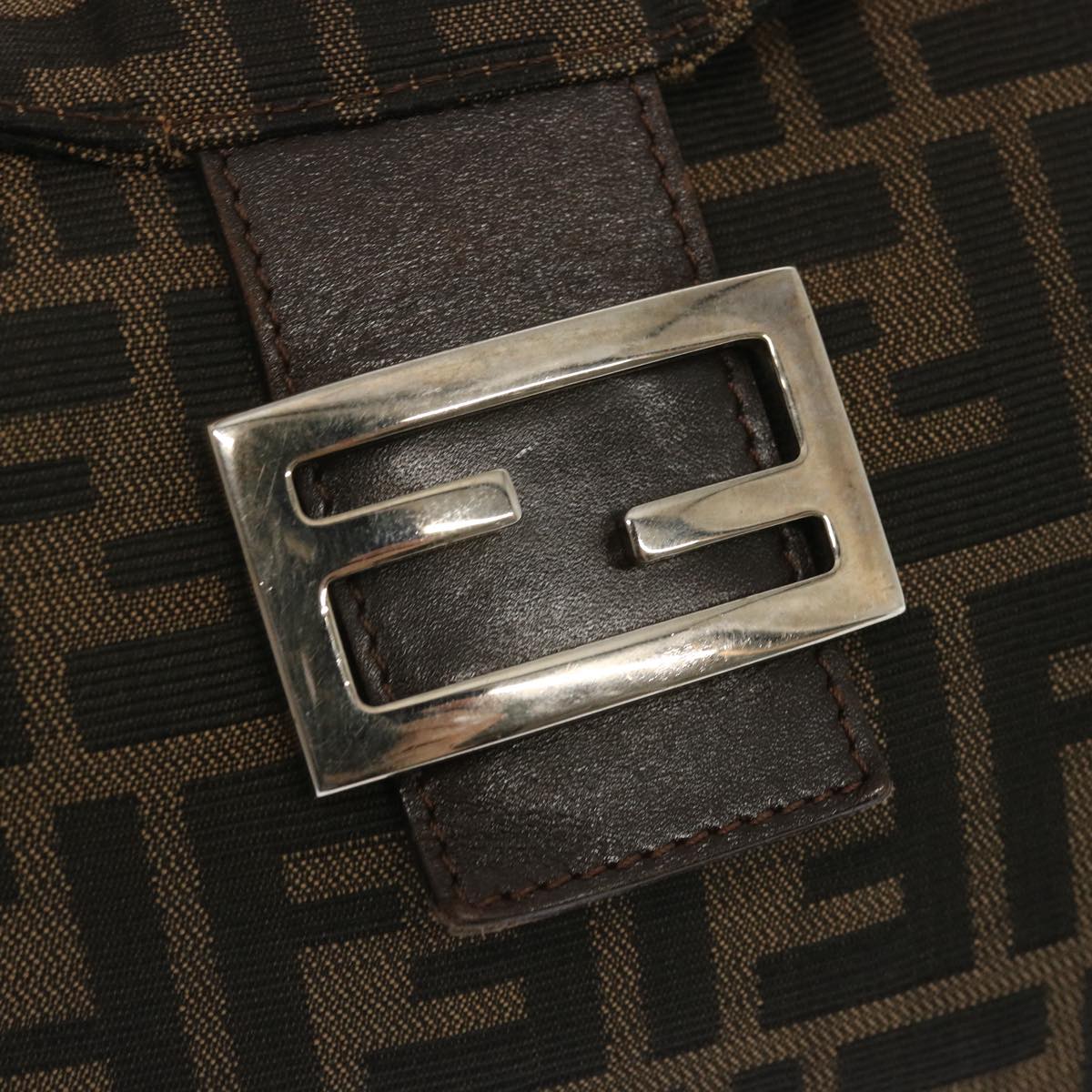 FENDI Zucchino Canvas Mamma Baguette Shoulder Bag Black Brownep3562