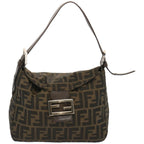 FENDI Zucchino Canvas Mamma Baguette Shoulder Bag Black Brownep3562