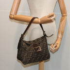 FENDI Zucchino Canvas Mamma Baguette Shoulder Bag Black Brownep3562
