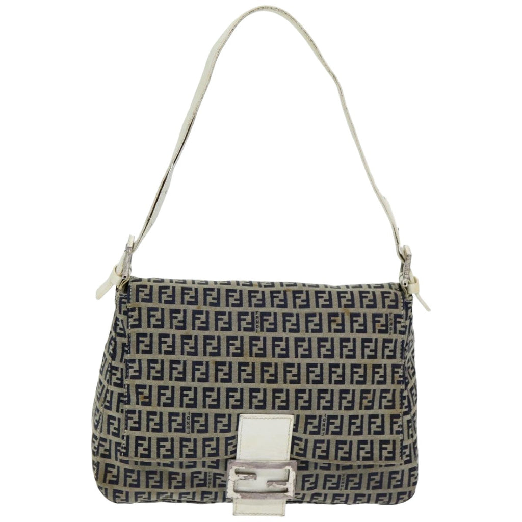 FENDI Zucchino Canvas Mamma Baguette Shoulder Bag Navyep4964