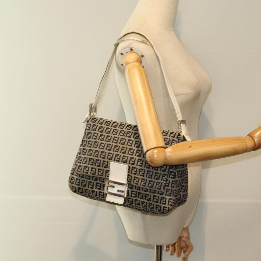 FENDI Zucchino Canvas Mamma Baguette Shoulder Bag Navyep4964