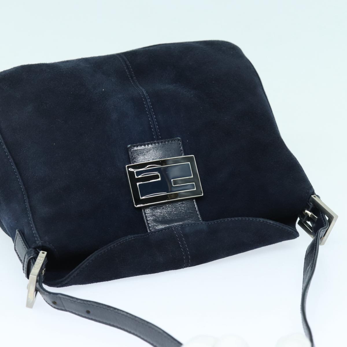 FENDI Mamma Baguette Shoulder Bag Suede Navy Silverep5217