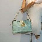 FENDI Zucchino Canvas Mamma Baguette Shoulder Bag Enamel Gold Greenep5220