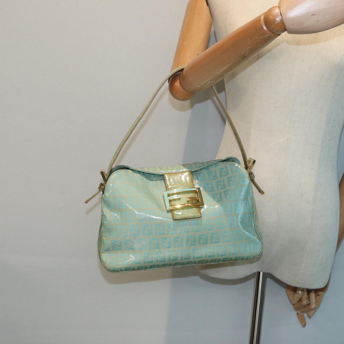 FENDI Zucchino Canvas Mamma Baguette Shoulder Bag Enamel Gold Greenep5220