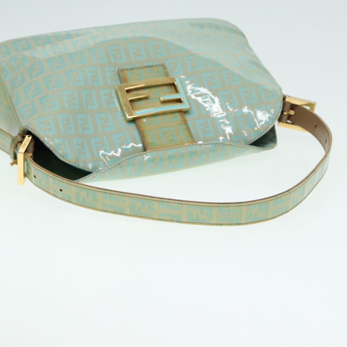 FENDI Zucchino Canvas Mamma Baguette Shoulder Bag Enamel Gold Greenep5220