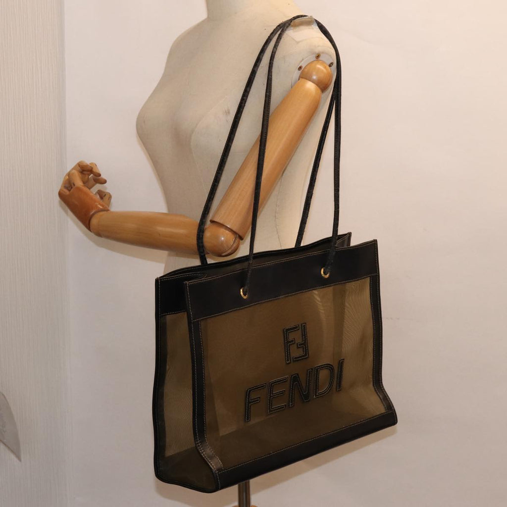 FENDI Tote Bag Nylon Leather Black Khaki goldep5485