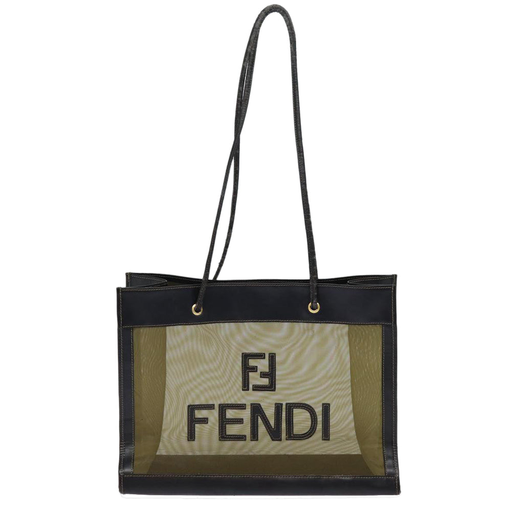 FENDI Tote Bag Nylon Leather Black Khaki goldep5485