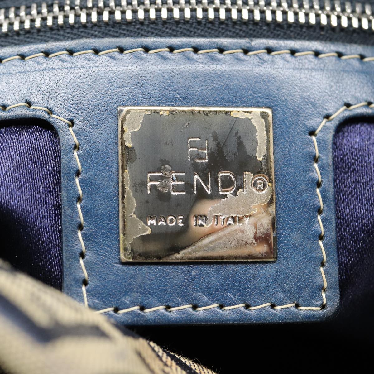 FENDI Zucchino Canvas Hand Bag Navy Silverep5563