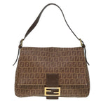 FENDI Zucchino Canvas Mamma Baguette Shoulder Bag Brown Goldep5786