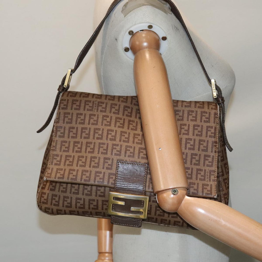 FENDI Zucchino Canvas Mamma Baguette Shoulder Bag Brown Goldep5786
