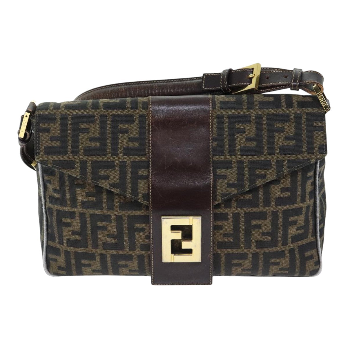 FENDI Zucca Canvas Shoulder Bag Brown Black Goldep5919