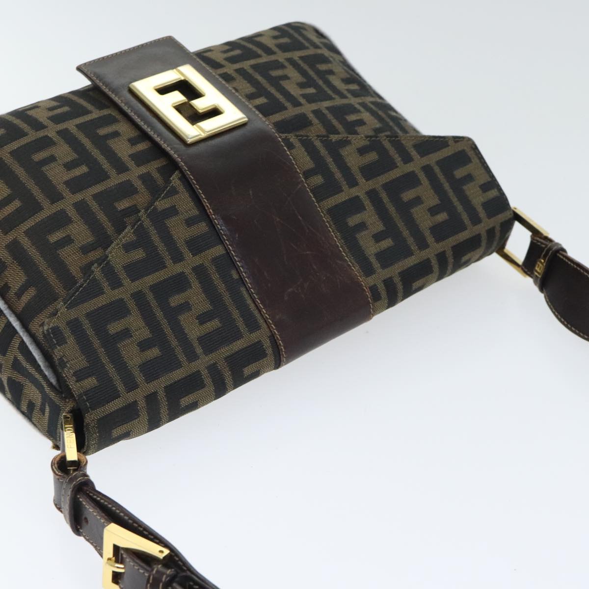 FENDI Zucca Canvas Shoulder Bag Brown Black Goldep5919