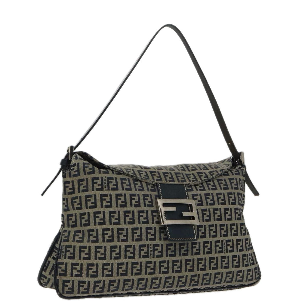 FENDI Zucchino Canvas Mamma Baguette Shoulder Bag Navy Silverep6224