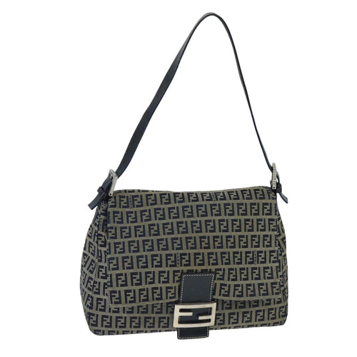 FENDI Zucchino Canvas Mamma Baguette Shoulder Bag Navy Silverep6613