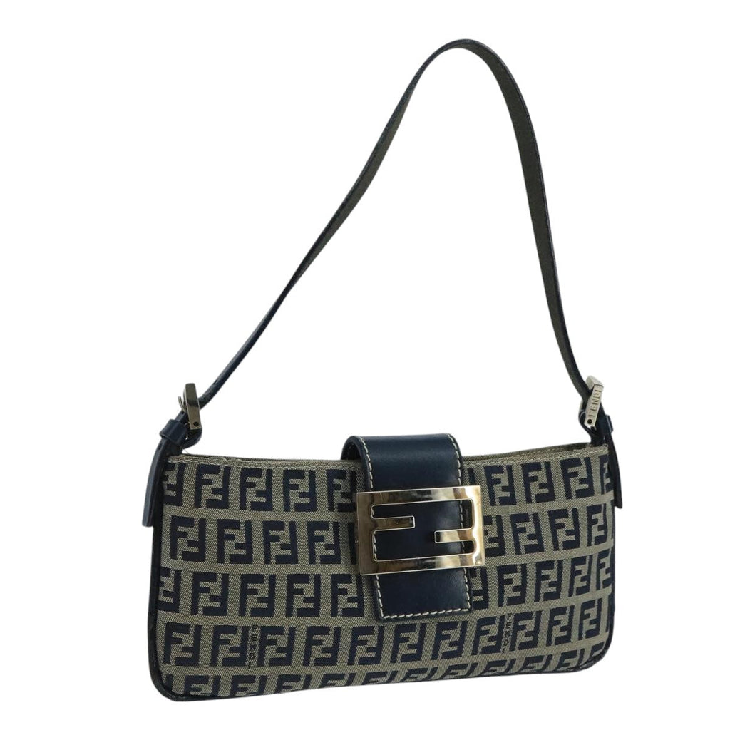 FENDI Zucchino Canvas Mamma Baguette Shoulder Bag Navy Silverep6828