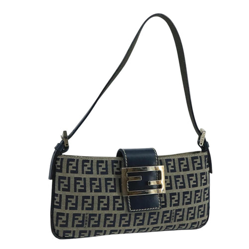 FENDI Zucchino Canvas Mamma Baguette Shoulder Bag Navy Silverep6828