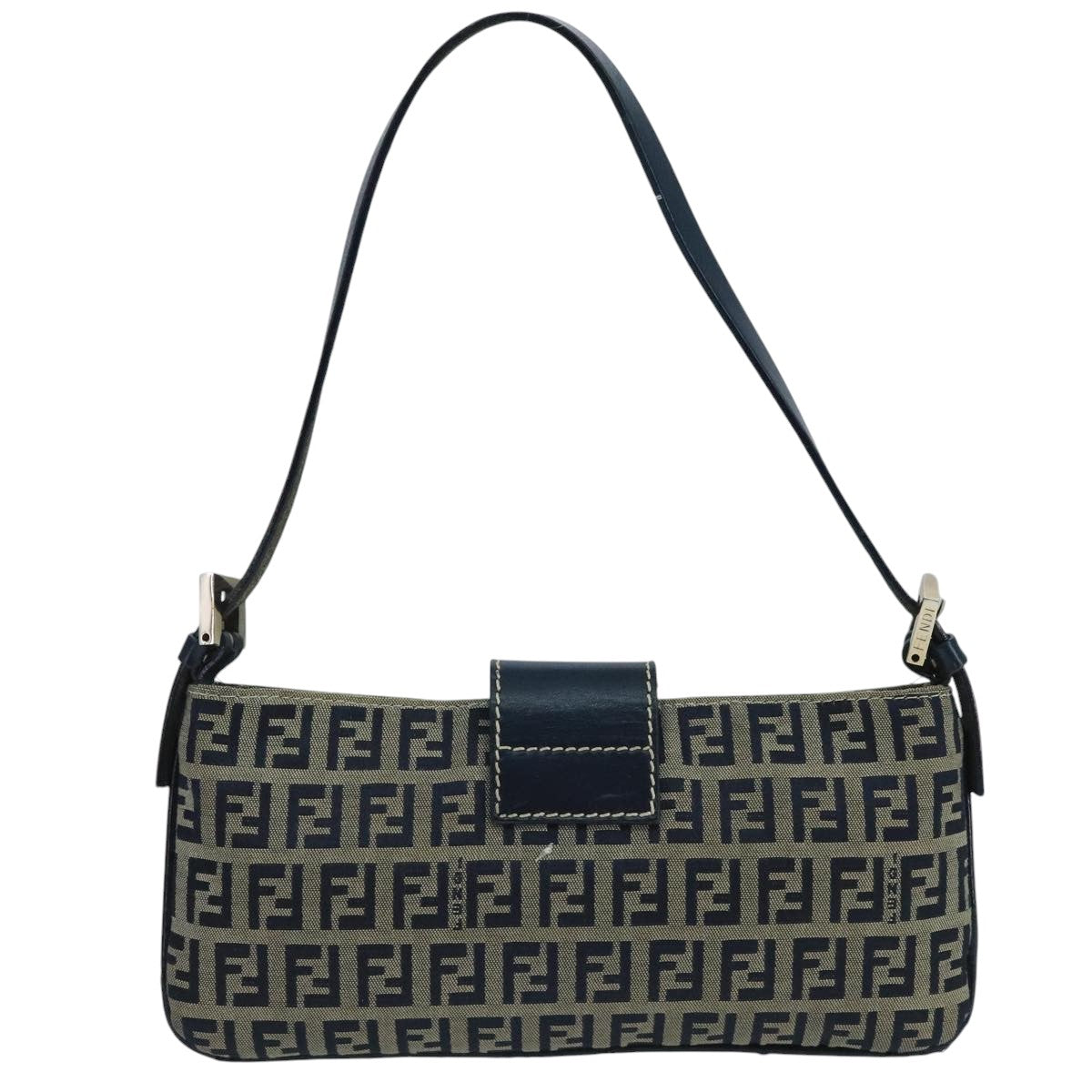 FENDI Zucchino Canvas Mamma Baguette Shoulder Bag Navy Silverep6828
