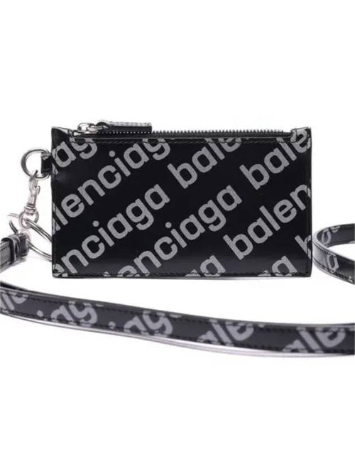 Balenciaga All Over Logo Neck Strap Card Wallet Black