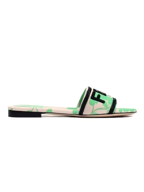 Fendi Rose Print Embroidered Logo Canvas Slide Slippers Green