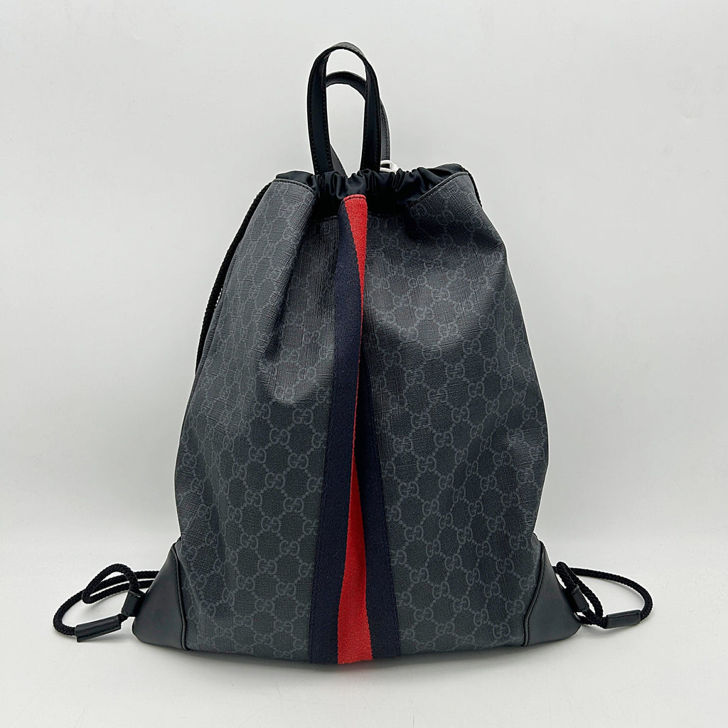 GUCCI Soft GG Supreme Monogram Appia Calfskin Web Drawstring Backpack Black LA2292