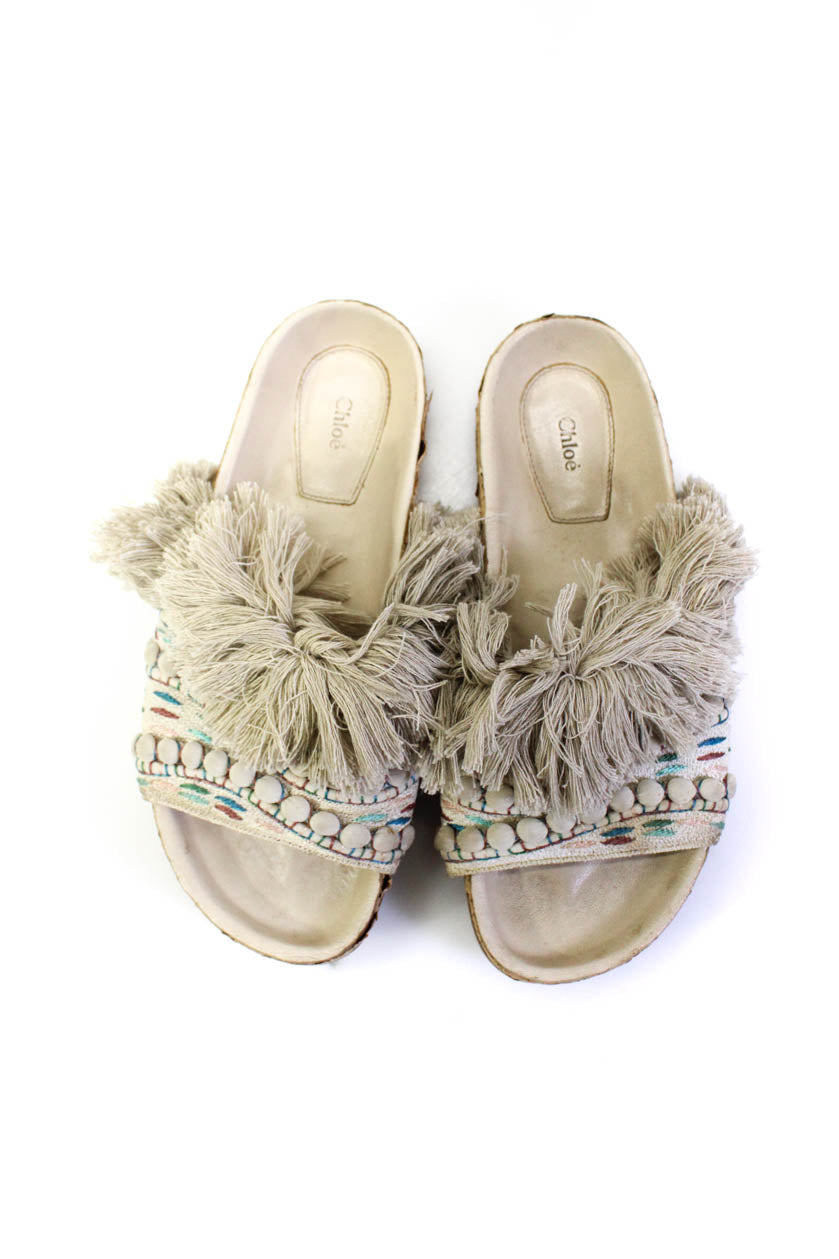 Chloe Womens Fringe Embroidered Slide On Sandals White Multi Colored