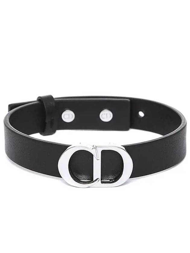 Silver CD Icon Leather Bracelet Black Dior
