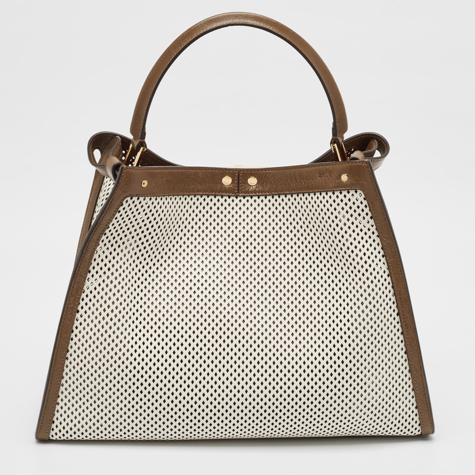 Fendi Khaki/white Perforated Leather Large X Lite Peekaboo Top Handle Bag